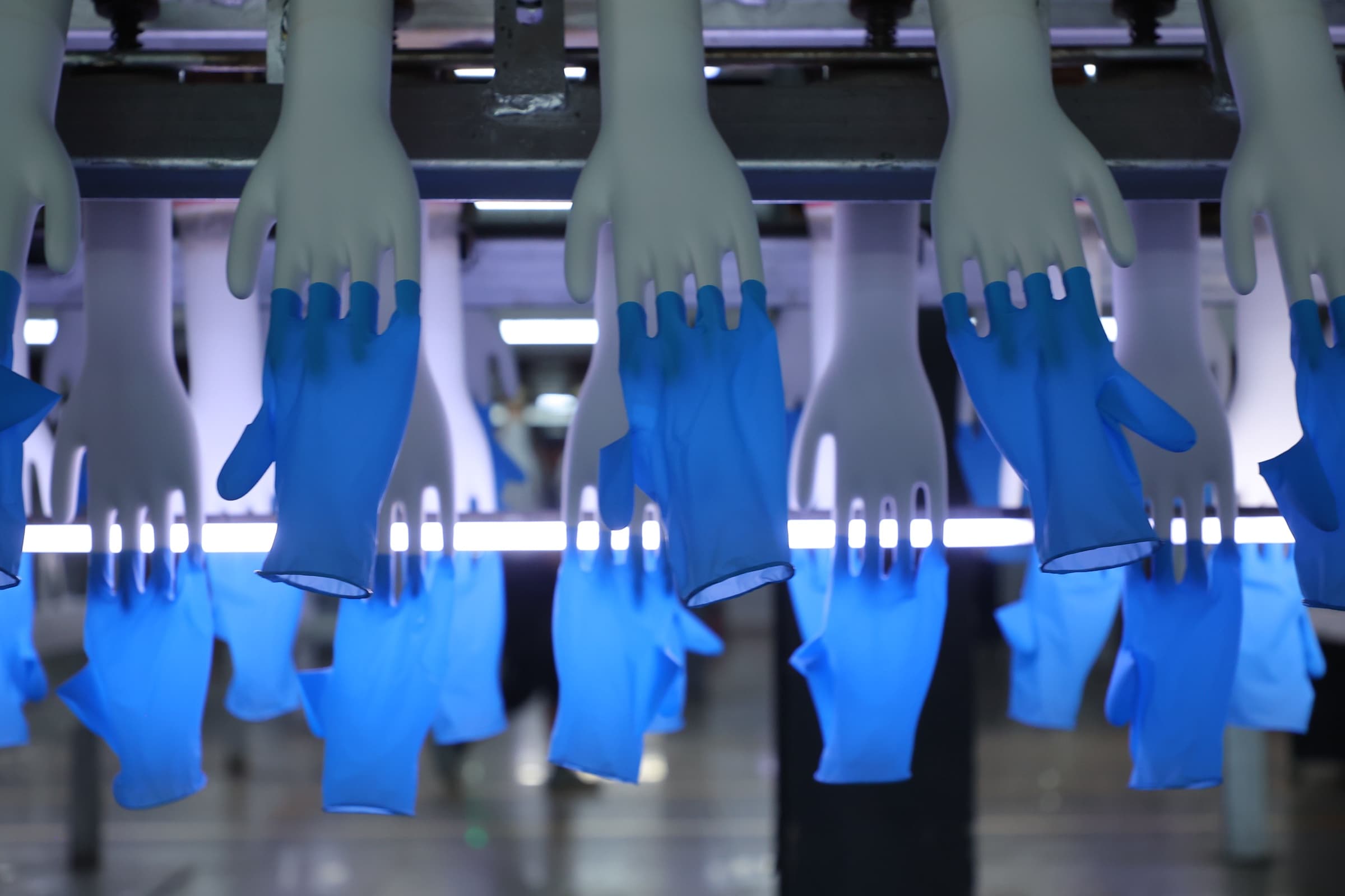 Protective gloves moving through a production line