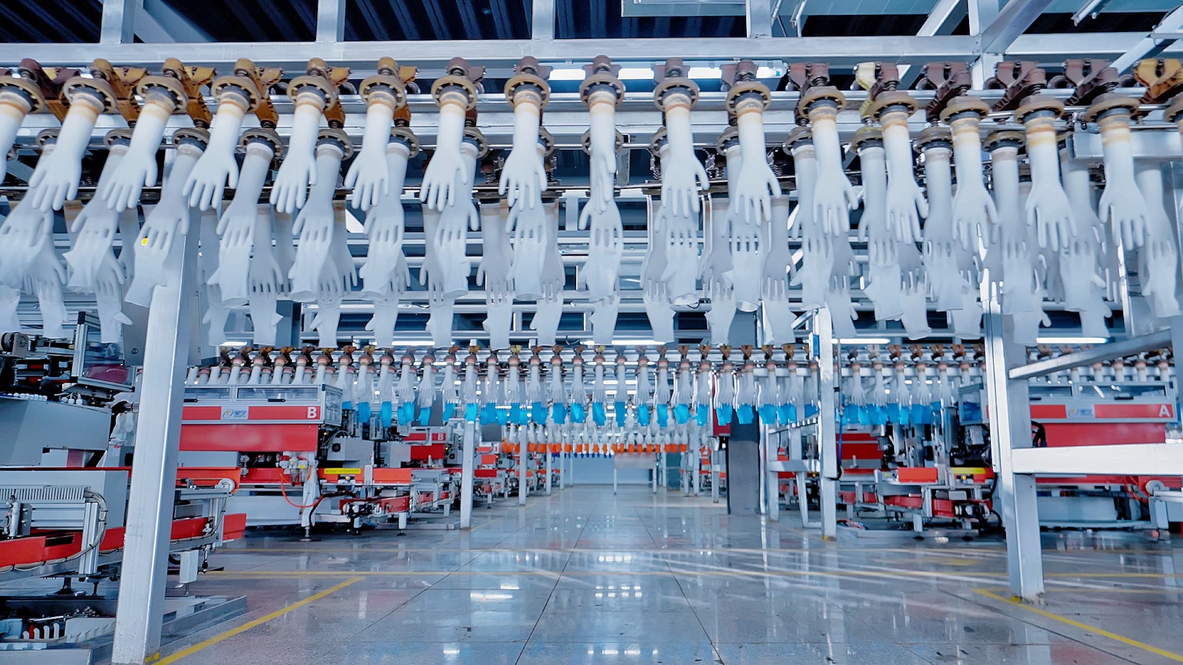 Wide view of an industrial glove production line